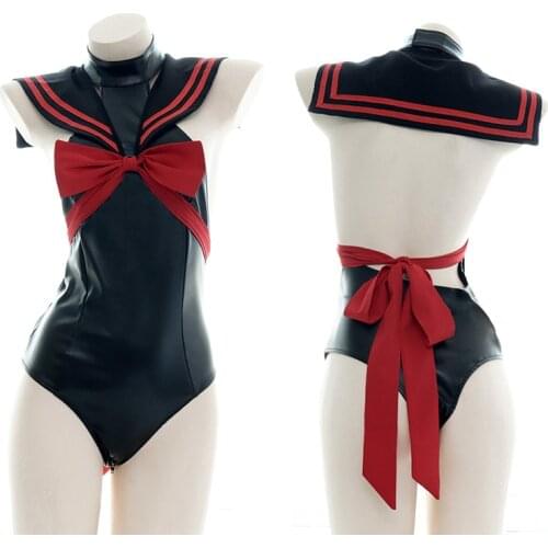 Japanese College Style Sweet Student Leather Sailor Collar Backless Bodysuit School Girl Little Devil Cosplay Costume Drop Ship