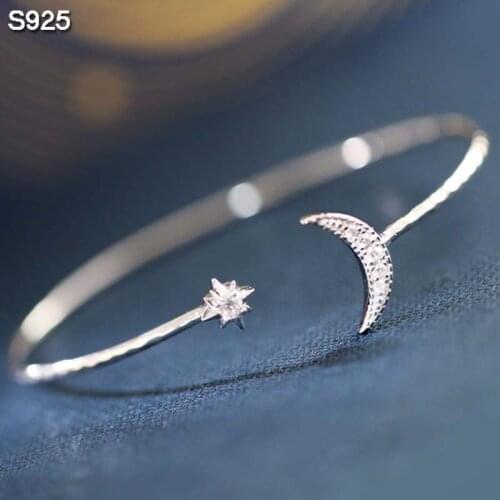 Genuine Real Pure Solid 925 Sterling Silver Bangles for Women Jewelry Gold Star Moon Cuff Bangle Bracelet Hand Wristband