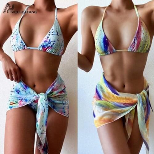 Women 3 Pieces Sets Brazilian Biquini Tie-Dye Print Diamond Sexy Thong Swimsuit Drawstring Bandage Backless Triangle Beachwear