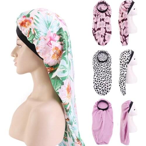 Women Floral Satin Long Tail Bonnet Night Sleeping Cap Head Cover Hair Care Hat Stop The Flying Spit for Summer