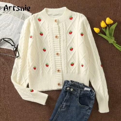 Artsnie Vintage Embroidery Cardigan Women Autumn O Neck Long Sleeve Slim Sweater Pull Femme Single Breasted Cropped Cardigan
