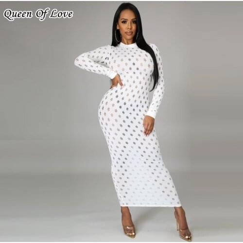 Sexy Hollow Cut Out Hole Long Sleeve Maxi Dresses for Women Party Night Club Outfits White Black Bodycon Long Dress Outfit