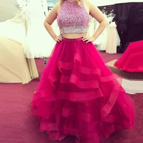 Colorful Beading Top Organza Ruffles Skirt Two Piece Prom Dresses Ball Gown Long Dress Women Party Night vestido formatura