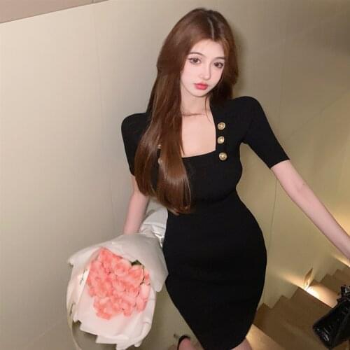 Korobov 2021 Square Collar Slim Knitted Dress Korean Solid Vintage Elegant Single Breasted Dresses Short Sleeve Summer Vestidos