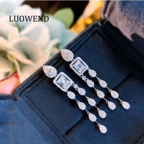 LUOWEND 100% Real 18K White Gold Earrings Fashion Tassel Design Diamond Earrings Engagement Party Jewelry for Women