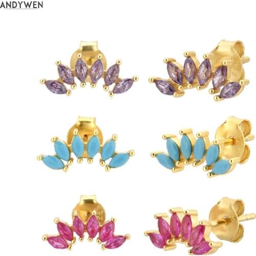 ANDYWEN 925 Sterling Silver Gold Colorful Stud Earrings Piercing Ohrringe Rock Punk Piercing Pendientes For Spain Jewelry