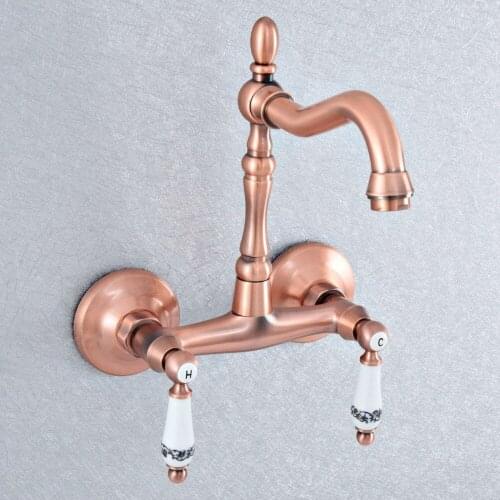 Antique Red Copper Bathroom Basin Swivel Spout Faucet Wall Mounted Dual Ceramic Handles Vessel Sink Mixer Taps Nsf894