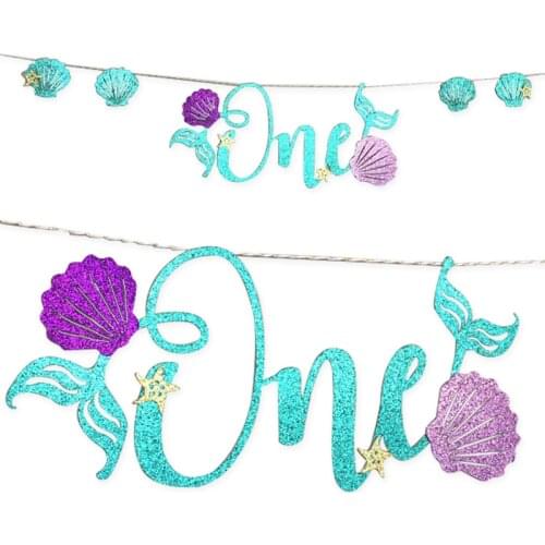 1Pcs Mermaid Party Baby Shower Shiny Banners 2.5M ONE Letter First Birthday Party Decoration Purple Shell Flash Baptism Flag