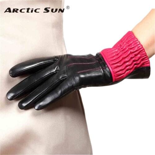 Brand Genuine Leather Gloves High Quality Women Sheepskin Gloves Two Tone Winter Plus Velvet Finger Driving Glove L150NC