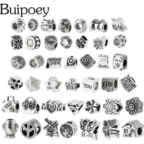 Buipoey Dropshipping Silver Color Heart Beads Charm Fit Bracelet & Necklace For Women Accessory Beaded Wholesale BD0201-0240