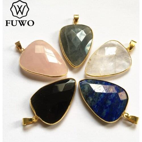 FUWO Fashion Quartz Triangular Pendant With Gold Trimmed Faceted Natural Stone Jewelry Findings Wholesale PD217
