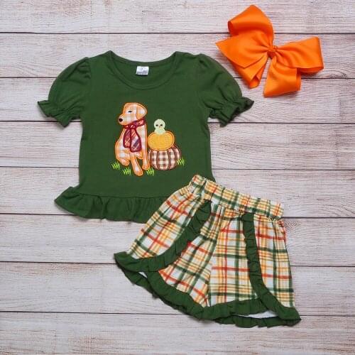 Beautiful Pure Cotton Baby Girl Suit Army Green Short-Sleeved Dog, Pumpkin Embroidery And Plaid Shorts Children Clothes