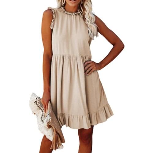 Summer Solid Ruffle Dress Women Casual O Neck Pleated Sleeveless Loose A-line Mini Dress Elegant High Waist Beach Party Sundress