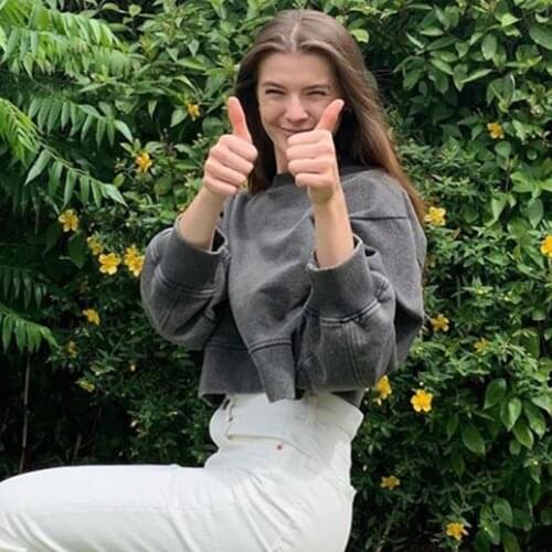 B-TOTO American Retro Gray Distressed Sweater High Waist Female Trendy Ins Hedging Short Navel 2021 New Fashion