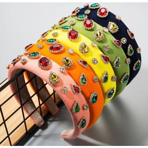 New Luxury Colorful Rhinestone Padded Headband Crystal Plain Color Velvet Diamond Hair Band Women Party Hair Accessories