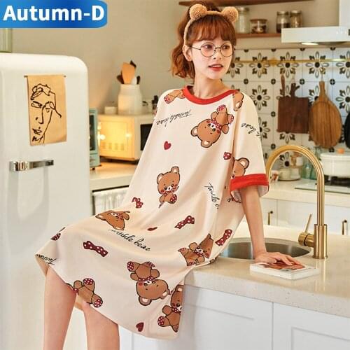Autumn-D Women Pajamas New 2021 Cotton Cartoon Bear Design Half Sleeve Dress Cute Home Clothes Free Shipping Sleepwear