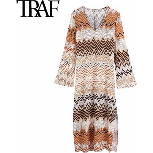 TRAF Women Fashion Geometric Print Side Slit Midi Dress Vintage V Neck Long Sleeve Female Dresses Vestidos Mujer