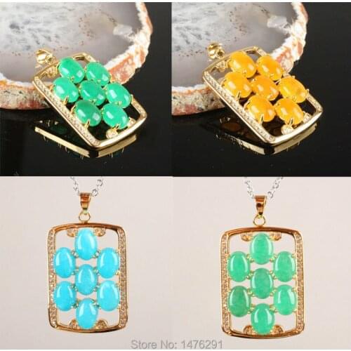 NEW Diaphanous Stone Imitation Green Yellow Blue Jades Inlaid Crystal Rectangular Pendant 29x22MM