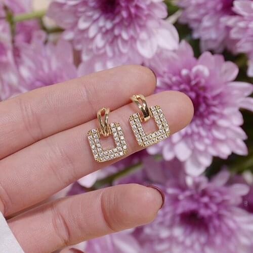14k Real Gold Square Pave Inlaid Top Zircon Earring For Women Charm Elegant Temperament Drop Eearrings Jewelry Brincos Pendant