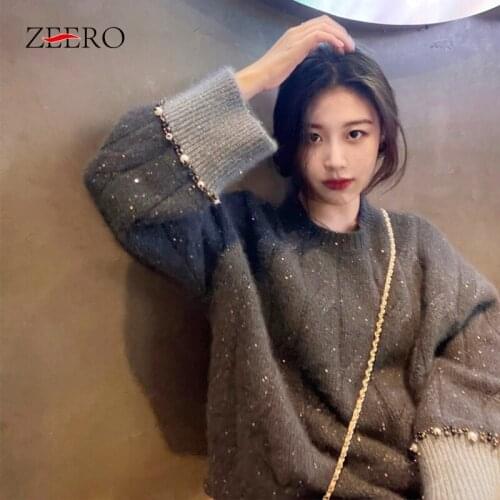 Korean Loose Plus Size Sweater Pullovers Crop Tops Women Winter Chic Beading Weave Knitted Warm Oversized Harajuku Knitted Top