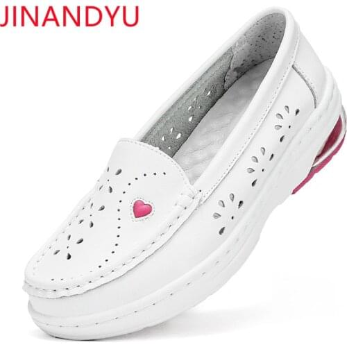 Loafers Women Genuine Leather Casual Shoes Nurse White Shoes Woman Flats Classic Hollow Out Slip on Leather Shoes for Women