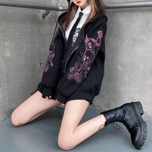 Retro Black Y2K Punk Skull Print Zipper Ribbon Hoodie Super Spicy Ladies Oversized Jacket Tops 90s Streetwear Retro Sweatshirt