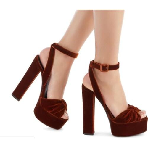 Moraima Snc Vintage Velvet Ankle Strap High Heel Shoes Woman Summer Peep Toe Bowknot Thick Heels Sandals Platform Dress Heels