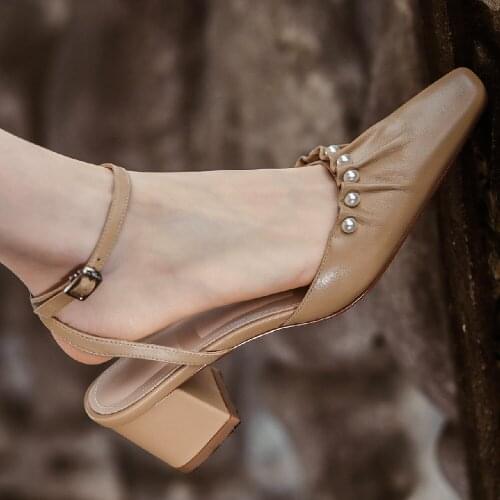 Womens genuine leather ankle strap thick med heel sqaure toe pumps summer high heel slingback sandals beading pleated shoes hot