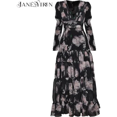 Jianyiren Fashion Designer dress Spring Women Dress V-neck Ruched Long sleeve Floral-Print Vacation Dresses