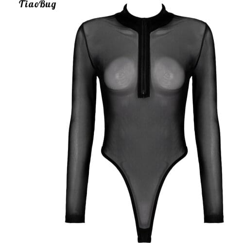 TiaoBug Women Long Sleeve See-Through Mesh Bodysuit Skinny Jumpsuit Mock Neck Zipper High Cut Leotard For Swimming Dance Yoga