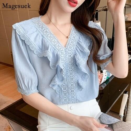 2021 Summer Short Sleeve Woman Shirt Korean V Neck Ruffles Crochet Blouses Women Tops Fashion Elegant White Shirt Blusas 13809