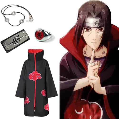 4pcs Japanese Ninja Uchiha Cosplay Costume Suit Anime Akatsuki Red Cloud Cloak Ring Headband Necklace Suit Accessories Props