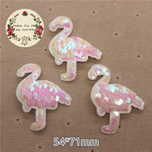 10pcs 54*71mm Glitter Paillette White AB Flamingo Padded Patches Appliques For Clothes Sewing Supplies DIY Craft Decoration