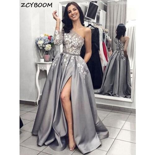 Gray Side Split Prom Dress 2021 Women Formal Party Vestidos De Gala One Shoulder Satin Elegant Long Appliques Lace Evening Gowns