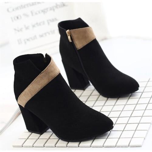 Zipper Ankle Boots For Women Shoes Woman New Fashion Patchwork Winter Boots Flock Pointed Toe Block High Heels Boots Botas Mujer