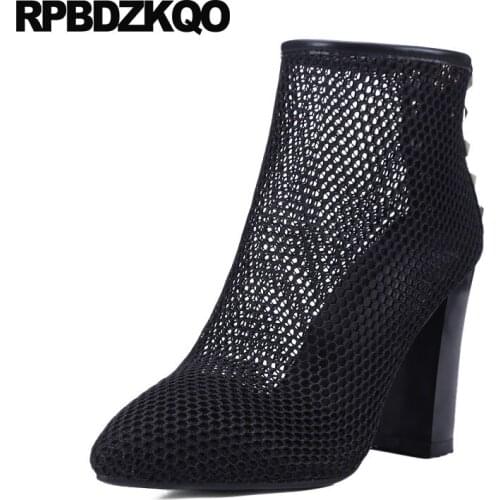 Boots Black Short Rivet Ankle Sandals Booties Chunky High Heel Luxury Brand Shoes Women Ladies Pointed Toe Summer Block Cut Out