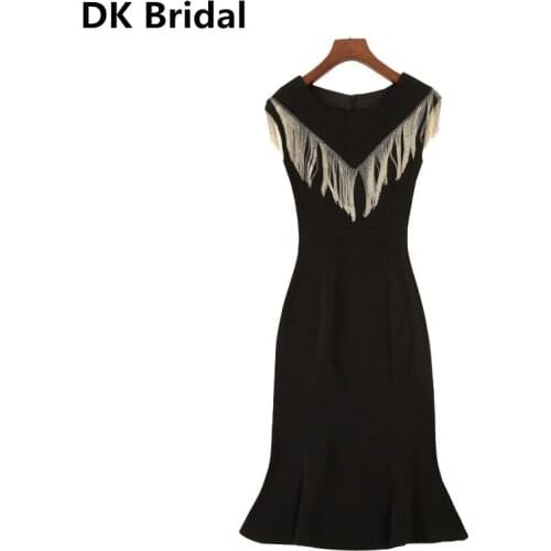 Elegant Tassel Mermaid Evening Dresses Short 2019 Latest Design O-Neck Sleeveless Satin Evening Gowns Prom Formal Dress