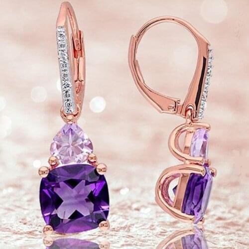 Exquisite Rose Gold Plated Purple Crystal Dangle Earrings Cocktail Party Princess Wedding Drop Earring Bridal Jewelry Party Gift