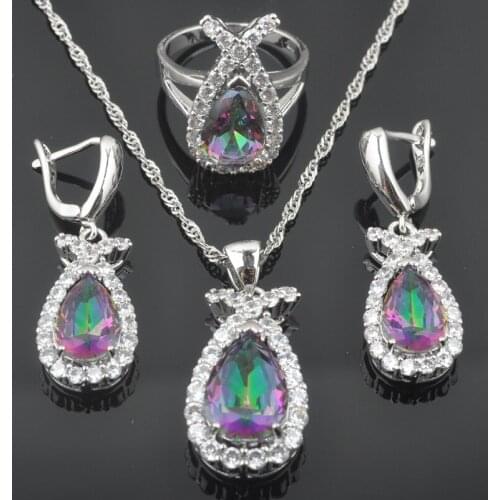 Water Drop Multicolor Zirconia Silver Color Costume Jewelry Set Earrings Ring Necklace For Women Wedding Set QZ0572
