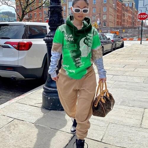2021 Contrast Green Tie Dye Winter Tracksuits 2021 New Winter Clothes Two Piece Sets Women Streetwear Graphic Hoodies Plus Size