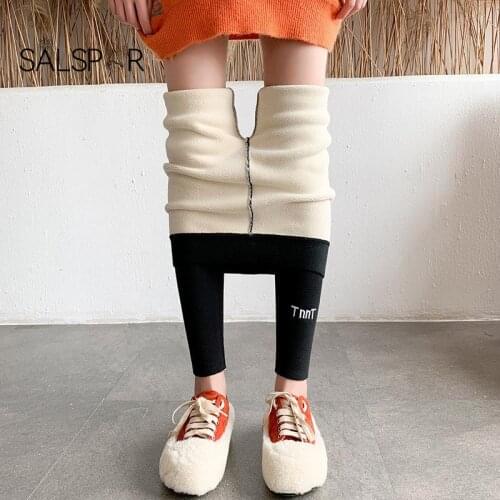 SALSPOR Warm Fleece Leggings Sexy Slim Women Lamb Cashmere Leggins Thickened Threaded Pants Cold Winter Warm Tight Pants