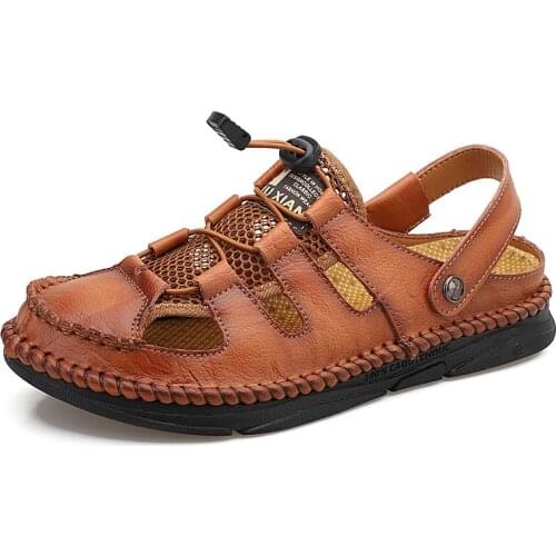 Summer Handmade Mens Sandals Outdoor Men Leather Casual Shoes Breathable Men Beach Shoes Big Size 38-48 Leather Casual Sandals