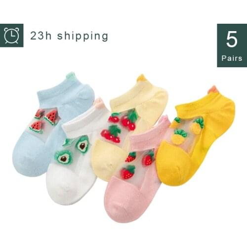 10Pieces/5 Pairs Summer Shllow Mouth Socks Baby Fruit Print Glass Silk Transparent Non-Silp Invisible Lace