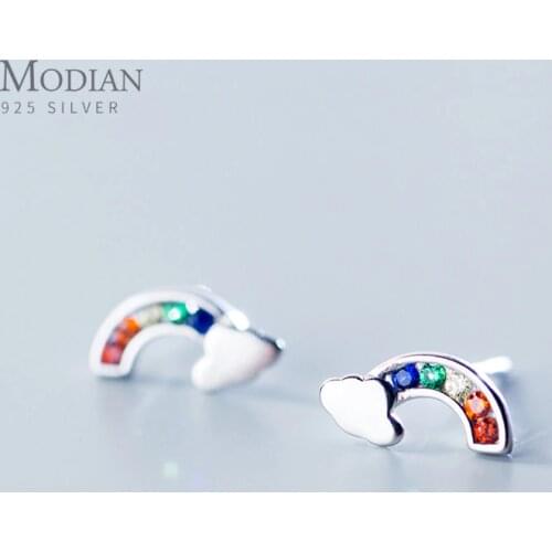 Modian Simple Fashion Rainbow Zircon Cloud Jewelry Romantic 925 Sterling Silver Charm Stud Earrings For Women Party Jewelry