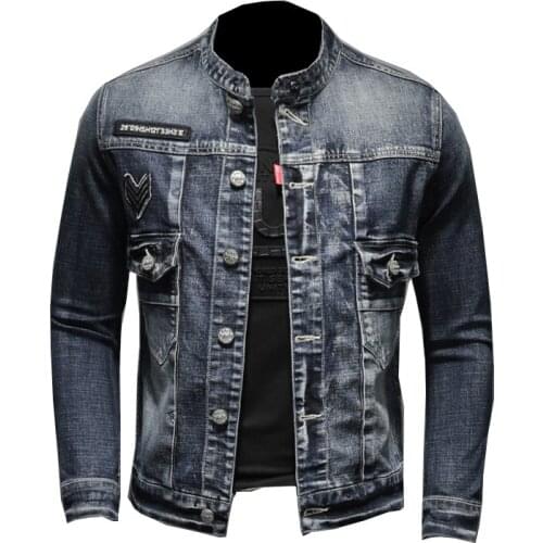 Mens Long Sleeve Denim Jacket New High Quality Stand Collar Single Breasted Slim Retro Style 2021