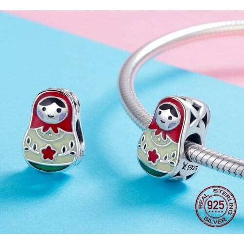 Genuine 925 sterling silver enamel Russian doll fit Pandora bracelet charm sterling silver pendant jewelry gift DIY
