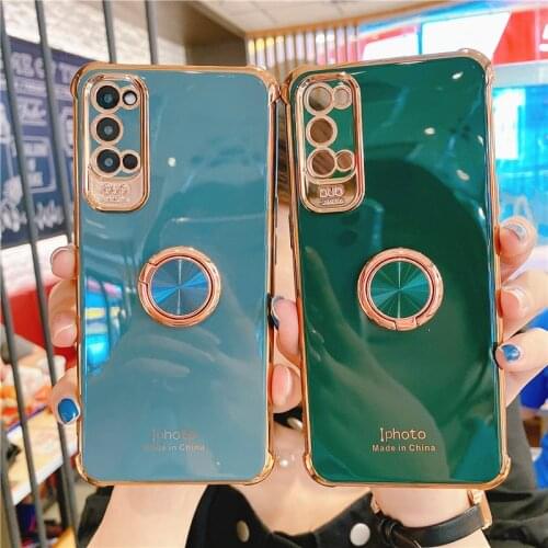 For OPPO Reno 5 4 Pro 3 2Z K5 K7 A72 5G Realme XT Find X2 Neo Lite Case Plating Finger Ring Holder Soft Shockproof Airbag Cover