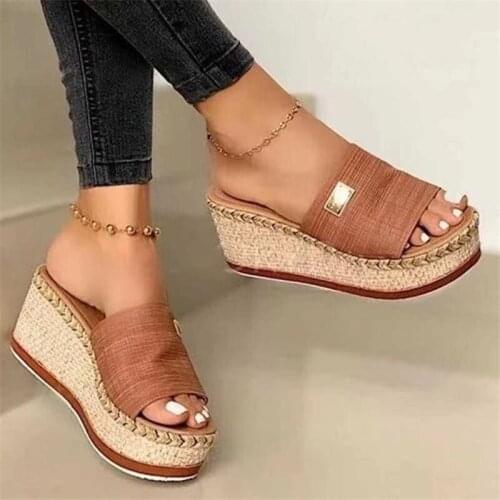 Women Wedges Sandals 2021 New Female Fashion Wear-Resisting Heeled Shoes Summer Casual Thick Bottom Hemp Rope Slides Slippers