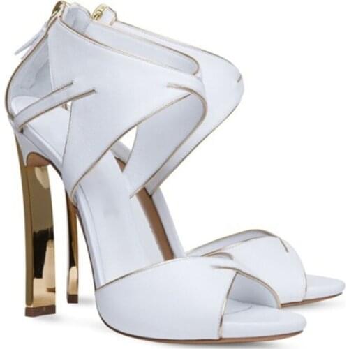 Black White Leather Oblate Metal Heel Sandals Golden High Heels Peep Toe Lacework Cutout Sandal Summer Woman Sexy Party Shoes