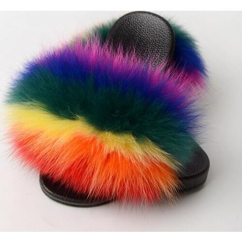 Natural Color Plush Raccoon Fur Slippers Women Real Fox Fur Slides Flat Casual House Slippers Indoor Furry Sandals Wholesale